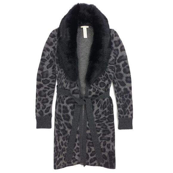 WHITE + WARREN Cashmere Lambswool Wrap Cardigan Rabbit Fur Collar Y2k Cheetah